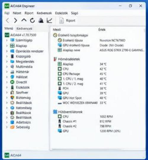 AIDA64 Engineer – Rendszer összefoglaló
A főablaka a számítógép alapvető adatai, többek között a Windows verziója, a processzor, az alaplap és a telepített memória.