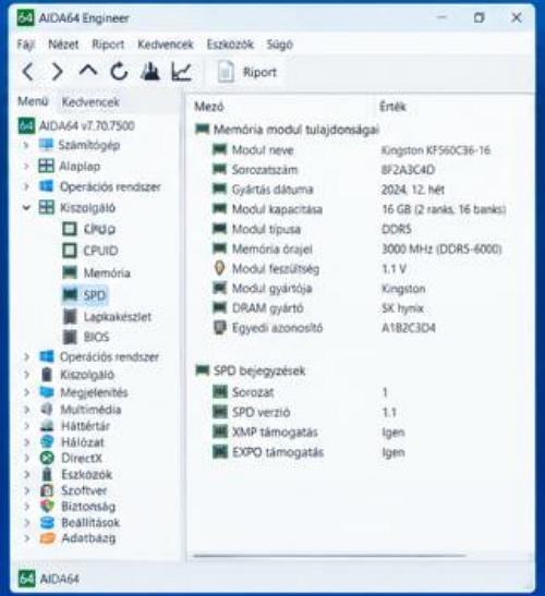 AIDA64 Engineer – Alaplap adatok
Az alaplap részletes műszaki információi szerepelnek a programablakban, beleértve a processzor, a memória működését, az órajeleket és a lapkakészlet adatait.