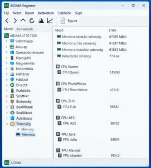 AIDA64 Engineer – Processzor információk
A processzor menüpont a CPU típusát, kódnevét, órajelét, szorzóját, feszültségét és gyorsítótárának adatait részletezi.