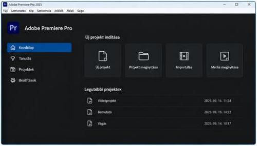Adobe Premiere Pro kezdőképernyő – A kezdőfelülete jelenik meg, ahol új projekt indítható, meglévő projekt nyitható meg, illetve a legutóbbi projektek listája érhető el.