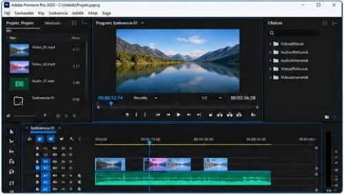 Videóvágás és idővonal – Az Adobe Premiere Pro szerkesztőfelülete egy videoprojekttel. A projektfájlok a bal oldalon, az előnézeti ablak középen, az alsó részen pedig a több sávból álló videó- és hangsávok idővonala szerepel.