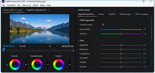 Színkorrekció – Az Adobe Premiere Pro Lumetri színkorrekciós felülete jelenik meg. A videó előnézete mellett a fehéregyensúly, expozíció, kontraszt, árnyékok, csúcsfények és egyéb színbeállítások módosíthatók.