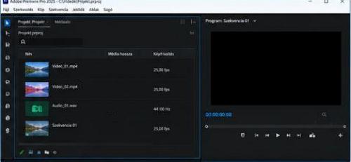 Projekt- és médiafájlok kezelése – Az Adobe Premiere Pro projektpanelje különböző videó-, hang- és médiafájlokat tartalmaz. A jobb oldali programablakban a projekt előnézete és vezérlőelemei találhatók.