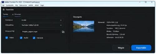 Videó exportálása. Az exportálási ablaka jelenik meg H.264 formátummal és Full HD beállítással. Az exportálási panelen a kimeneti fájl, a videó- és hangbeállítások, valamint az exportálás indítása szerepel.