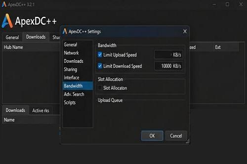 ApexDC++ - Sávszélesség