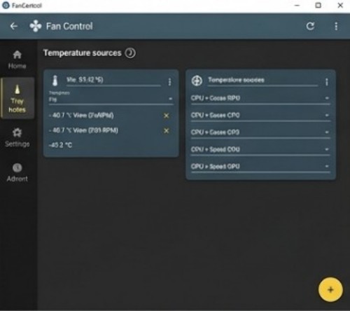 Monitorozó panel. Részletesen mutatja az összes elérhető hardware-szenzor adatait: CPU- és GPU-hőmérsékleteket, fordulatszámokat, valamint a tápfeszültség-értékeket.