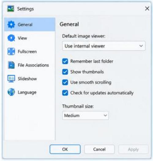 Általános beállítások: Az Imagine Settings ablaka az általános működési lehetőségeket tartalmazza, például az alapértelmezett képnézegetőt, a bélyegképeket, a sima görgetést és a bélyegképek méretét.