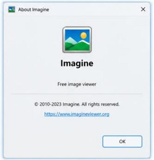 Névjegy ablak: Az Imagine névjegyablakában a program ikonja, az Imagine név, a verziószám, a „Free image viewer” megjelölés és a program weboldalának címe szerepel.