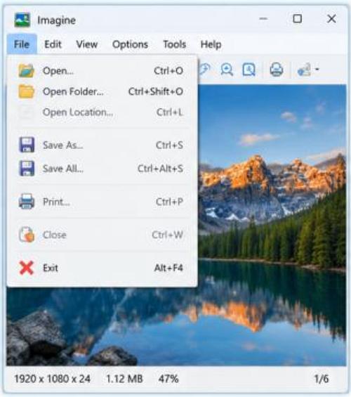 Imagine Fájl menü: A főablakának megnyitott Fájl menüje az Open, Open Folder, Save As, Save All, Print, Close és Exit parancsokat, valamint a hozzájuk tartozó billentyűparancsokat tartalmazza.
