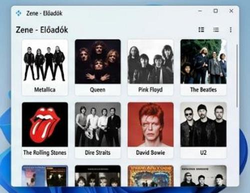 Kodi Portable – Zenei könyvtár: Az előadók szerinti vizuális nézet, amely borítókkal és képekkel illusztrálva jeleníti meg a helyi zenei gyűjteményt (például Metallica, Queen, Pink Floyd, The Beatles).