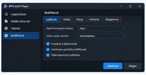 Az MPV-EASY Player beállítási ablaka látható. A lejátszással kapcsolatos lehetőségek között a videóablak mérete, a lejátszás folytatása, a hardveres gyorsítás és a teljes képernyős indítás beállításai szerepelnek.