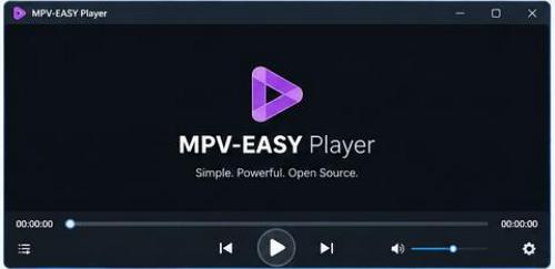 Az MPV-EASY Player főablaka látható sötét felülettel, középen a program logójával és nevével. Alul a lejátszási idővonal, a lejátszás, előző és következő gombok, valamint a hangerőszabályzó található.