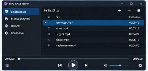 Az MPV-EASY Player lejátszási listája jelenik meg. Több videofájl szerepel a listában, mellettük a sorszámok és a videók időtartamai. A bal oldali menüben a lejátszási lista, a médiakönyvtár, a hálózat és a beállítások menüpontjai találhatók.