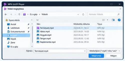 A videómegnyitó ablaka jelenik meg. A Videók mappában több MP4-fájl található, az egyik fájl ki van jelölve, alul pedig a fájlnév és a megnyitás gombja szerepel.
