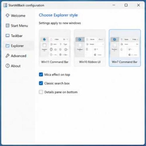 A Fájlkezelő beállításai. A StartAllBack Explorer konfigurációs része, amely többek között a Windows 11, Windows 10 és Windows 7 jellegű Fájlkezelő-elrendezések közötti választást kínálja.