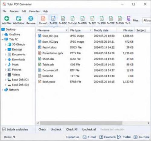 A Total PDF Converter főablaka látható. A fájllistában több különböző dokumentum szerepel, felül pedig a hozzáadás, eltávolítás és konvertálási formátumokhoz tartozó eszközök találhatók.