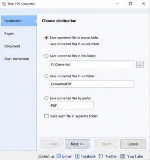 A Total PDF Converter célmappa-beállítása látható. Itt kiválasztható, hogy a konvertált fájlok az eredeti mappába vagy egy megadott könyvtárba kerüljenek.