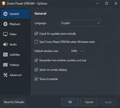 Zoom Player STREAM - konfiguráció